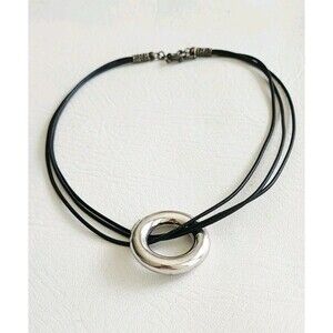 Sterling Silver 925 SX Three Strand Leather Modernist Round Pendant Necklace